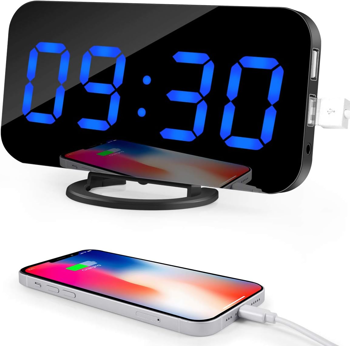 6.5" HD Digital Alarm Clock, Mirror Alarm Clock with 2 USB Charging Ports and 3 LED Dimming Modes,Automatic/Manual Brightness Adjustment,Snooze Function for Travel,Bedroom,Office Best Festival Gift